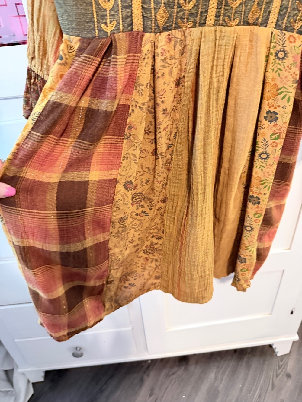 Boho Patchwork Casual Midi Dress in Mustard and Burgundy - Picture 6 of 14